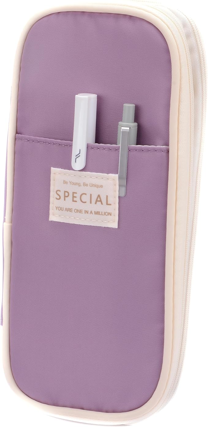 Large Capacity Canvas Pencil Case Organizer Holder Pouch Bag with Zipper Compartments, Pen Cases for Women Girls School Adults (Purple)