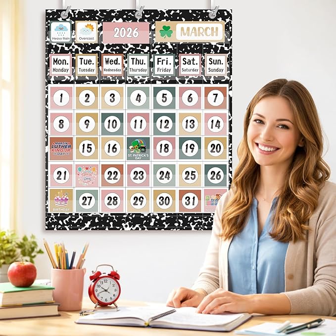 Tinlade Classroom Calendar Pocket Chart Set with 115 Cards 24 x 28 Inch Modern Farmhouse Calendar Bulletin Board Pocket 2026-2033 Festival Weather Teacher Supplies for Back to School Wall Decoration