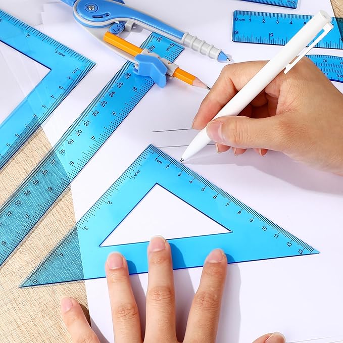 Zonon 1 Set Plastic Geometry Math Set 7 Pcs Includes 6'' / 4 '' Protractor, Drawing Compass, 45/60 Degree Triangle Rulers, 12'' / 6'' Math Ruler Transparent for Office Supplies(Blue)