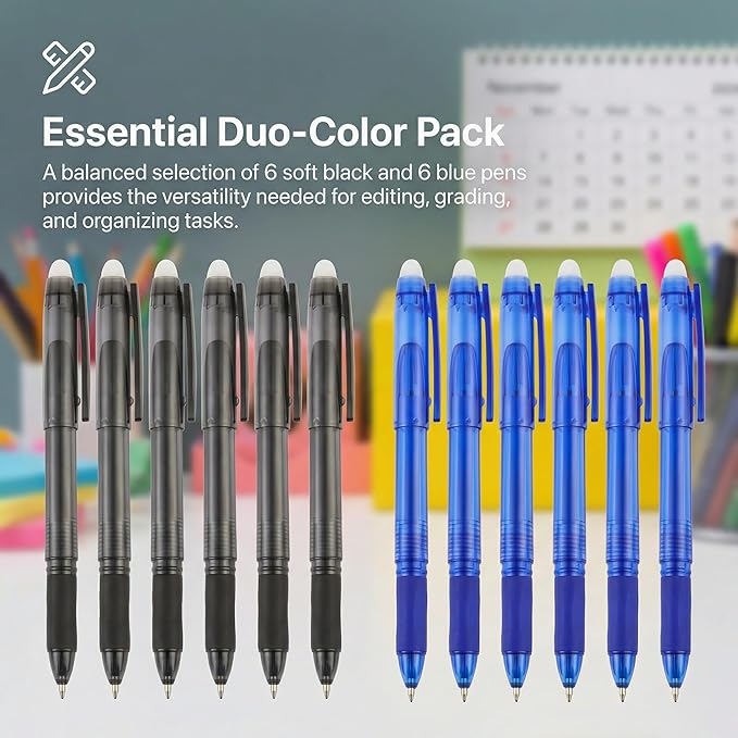Volcanics 12 Pack Erasable Gel Pens, 0.7mm Capped Friction Pens for Note Taking and Crosswords, 6 Soft Black and 6 Blue Ink Pens with Soft Comfort Grip for Home and Office