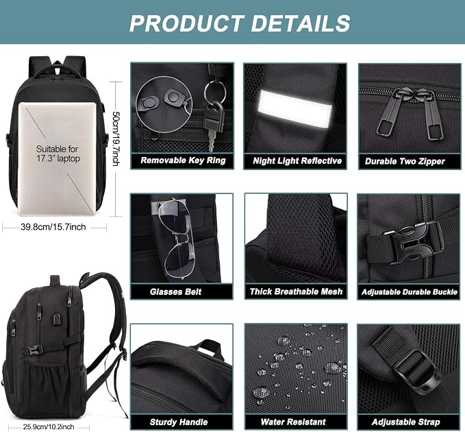 Extra Large Backpack for Men 50L,Water Resistant 17.3 inch Travel Laptop Backpack with USB Charging Port,TSA Friendly Big Business Anti Theft Computer Bag Work College School Bookbags Gifts,Black