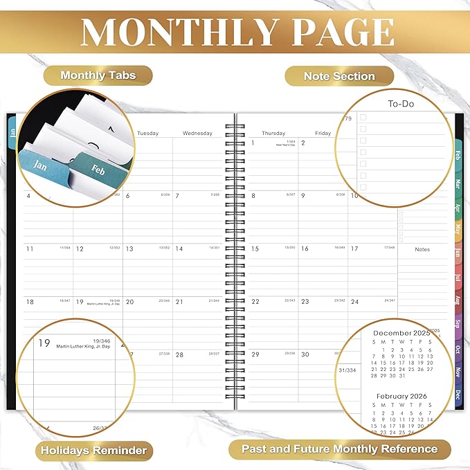 2026 Planner - Planner 2026 Weekly and Monthly, Jan 2026 - Dec2026, 9" x 11", 26 Planner Weekly and Monthly, 26 Calendar Planners with Colorful Tabs, Pocket - Black