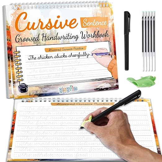 gisgfim Grooved Cursive Handwriting Workbook Magic Reusable Grooved Cursive Handwriting Practice Guided Tracing with Disappearing Ink Pens for Beginners Kids Learning Activities Supplies (Sentence)