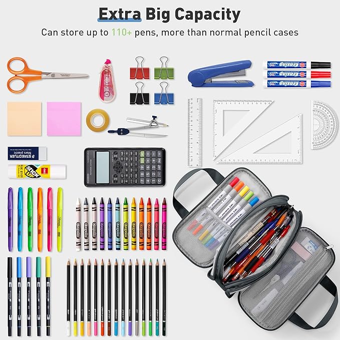 Zannaki Large Pencil Case, Big Capacity Pencil Pouch Pen Bag with 3 Compartment, Portable Canvas Stationery Organizer with Zipper, Cute Aesthetic School Supplies for Teen Girls Boys College,Gray