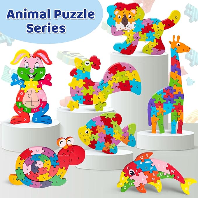 LovesTown Wooden Puzzles for Kids, Double Sided Rabbit Jigsaw with Alphabet & Numbers, Montessori Educational Toy for Toddlers, Chunky Animal Gift (Pack of 2)