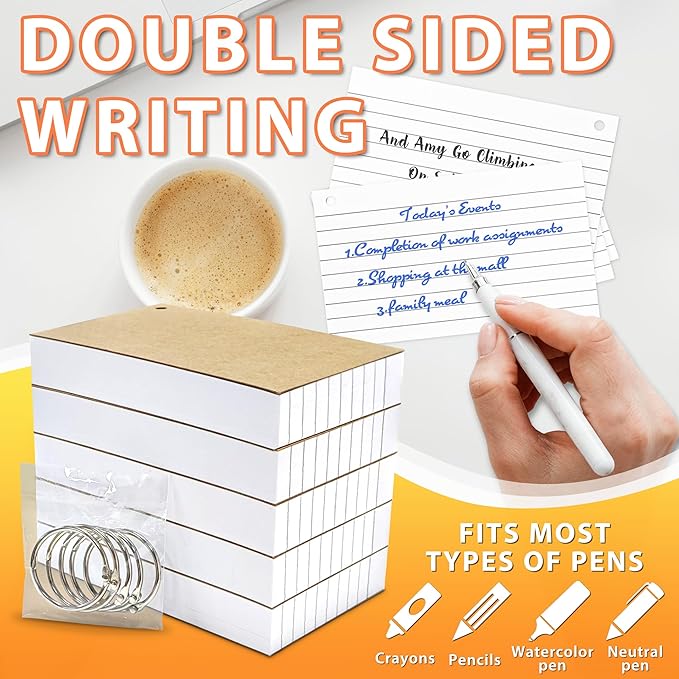 500PCS White Index Cards, 3x5 Inches Flash Cards with Ring, Lined on Both Side Notecards Ruled Study Card Flashcards Heavy Note Cards for Studying, Learning, School, College