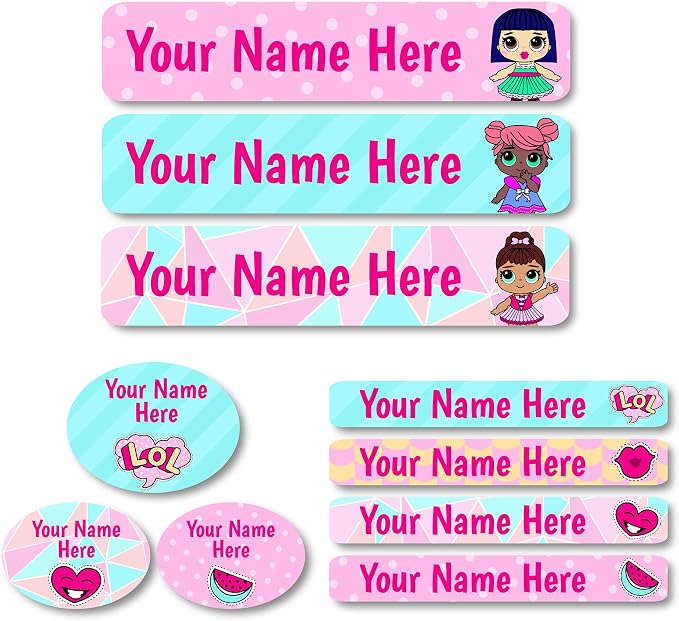 Lovable Labels Personalized Labels for Kids (85 Labels/Pack) - 3 Label Sizes Waterproof Dishwasher Safe Peel & Stick Labels for School Supplies Daycare Camp Clothing Bottles (Doll Party)