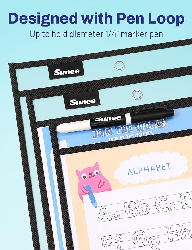 SUNEE 50 Packs Oversized Reusable Dry Erase Pocket Sleeves with 3 Rings, Black 10x14 Ticket Holders, Clear Plastic Sheet Protectors, Teacher School Classroom Supplies