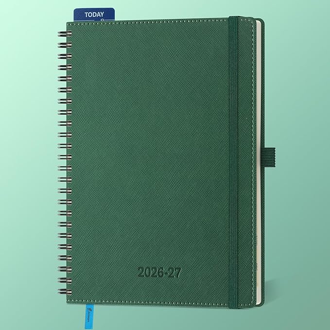 Planner 2026-2027 Daily Weekly and Monthly,8.5"x6.5",18 Months Spiral Bound Calendar Agenda with Self-adhesive Pen Holder,2026 Academic Plan with Vegan Leather Soft Cover,Green