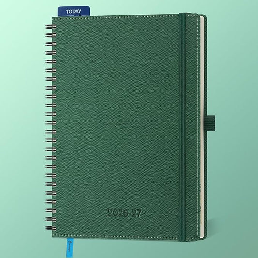 Planner 2026-2027 Daily Weekly and Monthly,8.5"x6.5",18 Months Spiral Bound Calendar Agenda with Self-adhesive Pen Holder,2026 Academic Plan with Vegan Leather Soft Cover,Green