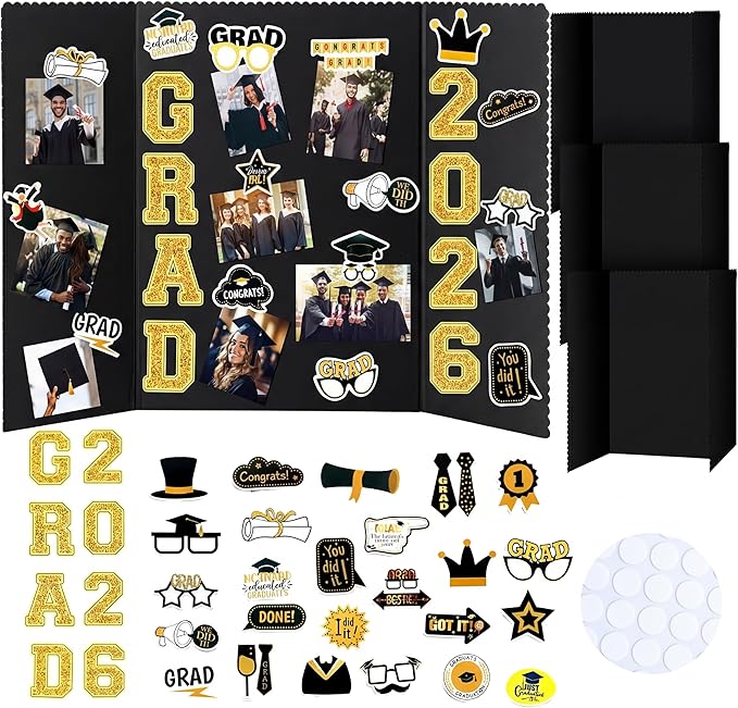MiniInflat 4 Set 2026 Graduation Picture Trifold Poster Board Double-Sided Foldable Photo Display Board Graduation Decoration for Class of 2026 High School College DIY Craft(Gold,24 x 16 Inches)