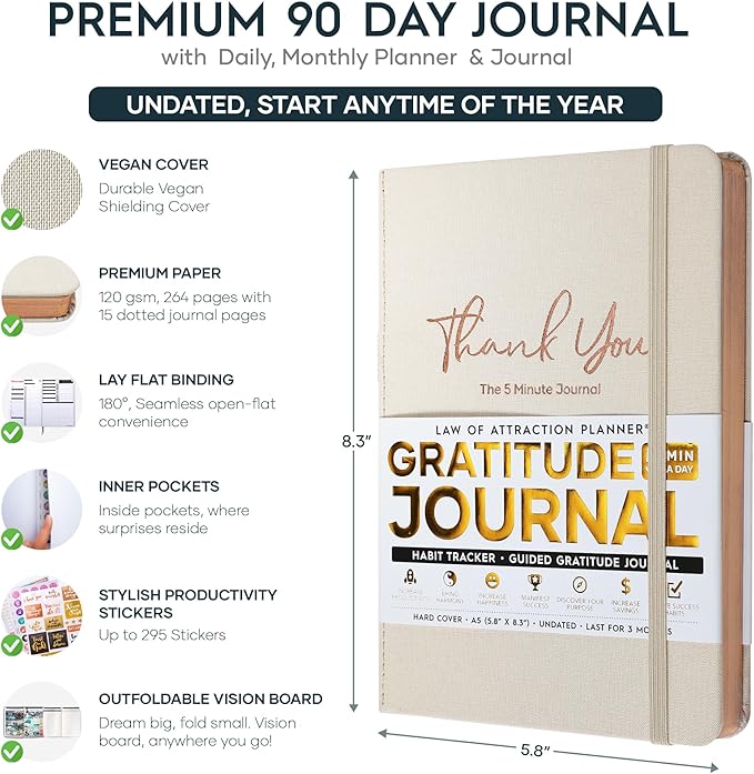 Gratitude Journal for Women and Men — 5 Minute Self Care Journal | Mindfulness, Manifestation, Affirmation | 3 Month Productivity Planner | Undated Daily Planner, Vision Board + Stickers