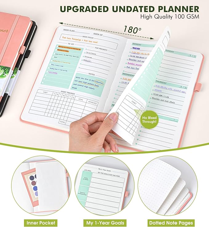 Undated Weekly and Monthly Planner, Hardcover Leather Calendar Blank Planner, Simplified To Do List Notebook with Goal & Habit Tracker Organizer, A5 Daily Weekly Planner for Work School Home, Pink