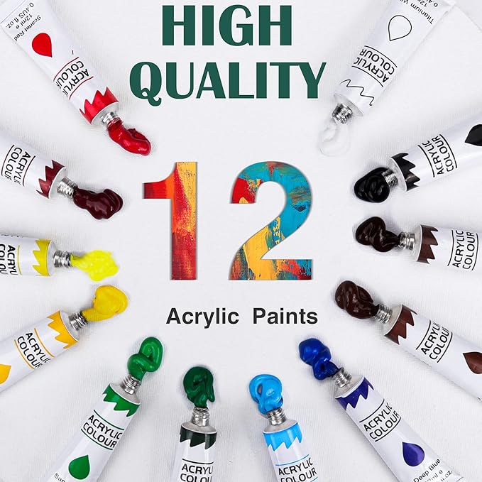 ESRICH Acrylic Paint Set,Paint Set with 10 Paint Brushes12 Color 12ml Acrylic Paint,1 Palettes and 4 Pcs Canvas for Students, Artists and Beginner Art Supplies
