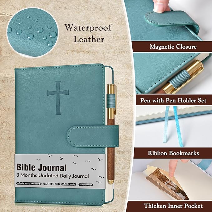 Leather Christian Bible Journal for Men, Prayer Journal for Scripture Study & Daily Devotional, Undated Church Notes Notebook, Jesus Religious Faith Gifts for Pastor, Graduation, Baptism, Aquamarine