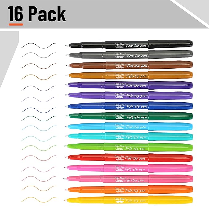 Mr. Pen- Felt Tip Pens, 16 Pack, 0.7 mm, Colorful Felt Tip Pens, Fast Dry, No Smear, Planner Markers for Underlining, Writing, Drawing, Journaling Supplies