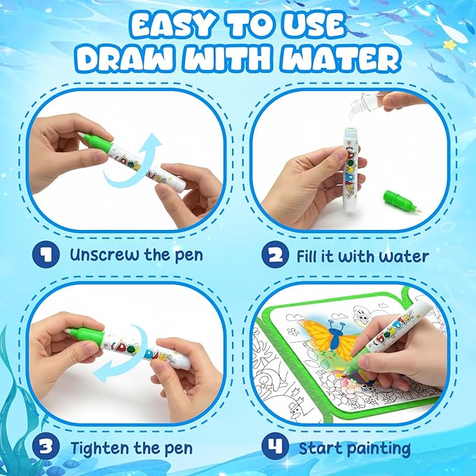 YoPoll Water Painting Book for Kids, Reusable Magic Water Coloring Book with Water Pen, No Mess Water Reveal Coloring Book, Travel Activity Toy for Toddlers Ages 3–6