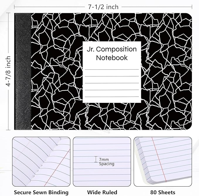 Resurhang 24 Pcs Jr. Composition Notebooks Colored Marble Half Size 4-7/8 x 7-1/2 Inches Composition Notebook 80 Sheet Marble Wide Ruled Assorted Primary Cover Notepad Bulk (Black)