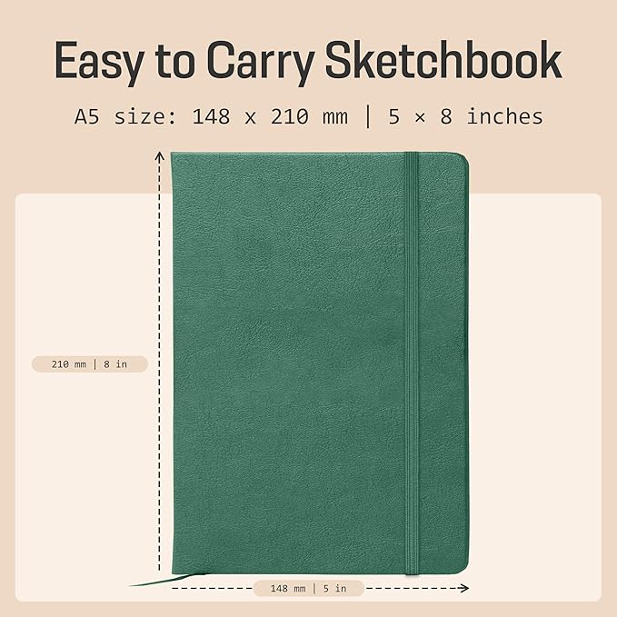 BROWNSTONE JOURNALS A5 Sketch Book Hardcover - 80 Sheets 100 GSM Paper 5"x8", Lay Flat, Vegan Leather Cover, Elastic Band, Back Pocket, Art Drawing Book (Dartmouth Green)