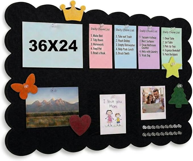 Scalloped Bulletin Board, 36x24 Scalloped Felt Bulletin Board, 3' by 2' Trifold Foldable Picture Display with 20 Pins & 5 Cute Decors - Black