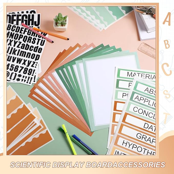 Sinload 92 Pcs Science Fair Board Supplies 60 Trim Scalloped Poster Boards 18 Presentation Subtitles 6 Project Titles 8 Letter Sticker for Classroom Display Boards(Boho Color,Wave)