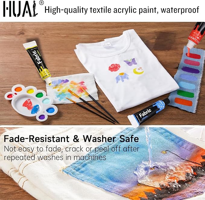 HUAL Fabric Paint Set for Clothes 12 Vibrant Colors Textile Paint with 6 Brushes & Palette Quick-Drying, Non-Toxic Fabric Paint Kit for T-Shirts, Shoes, Canvas, DIY Art & Crafts Premium Gift Box