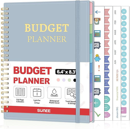 SUNEE Budget Planner - Monthly Budget Book with Expense Tracker Notebook, Undated 12 Month Bill Organizer & Finance Planner to Manage Your Money, A5 (6.4" x 8.3") Account Book with Colorful Tab, Blue