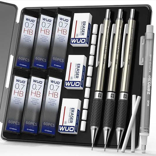 WUO 0.7 mm Mechanical Pencil Set with Eraser Pen Storage Case, 3 PCS | Metal Drafting Pencils, 360 HB Lead Refills, 3x4B Erasers, 12 Eraser Refills for School Artist Writing Drawing Sketching