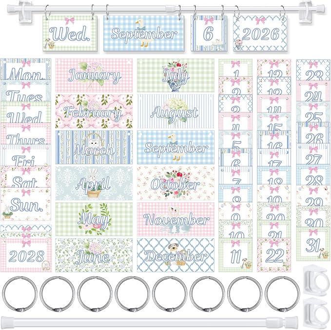 TecUnite Goose Flip Calendar Bulletin Board Decor Set Blue Grandmillennial Adjustable Calendar Holder Includes 2026-2029 Year 54 Cards for Preschool Elementary Classroom Back to School Supplies