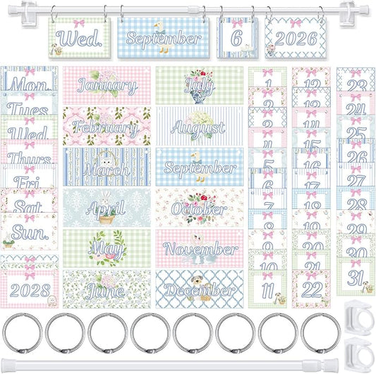 TecUnite Goose Flip Calendar Bulletin Board Decor Set Blue Grandmillennial Adjustable Calendar Holder Includes 2026-2029 Year 54 Cards for Preschool Elementary Classroom Back to School Supplies