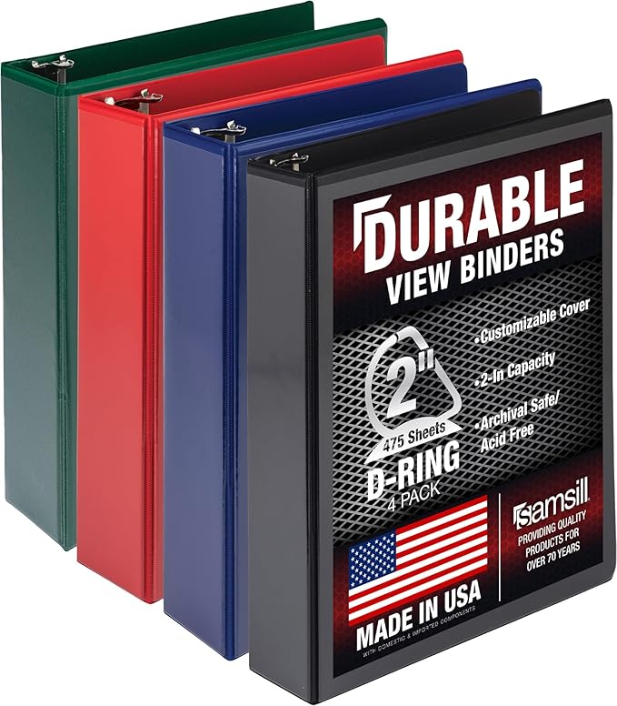 Samsill Durable 2 inch 3 Ring Binder, D Ring Binder, 100% Recycled Chipboard, Basic Assortment, 4 Pack