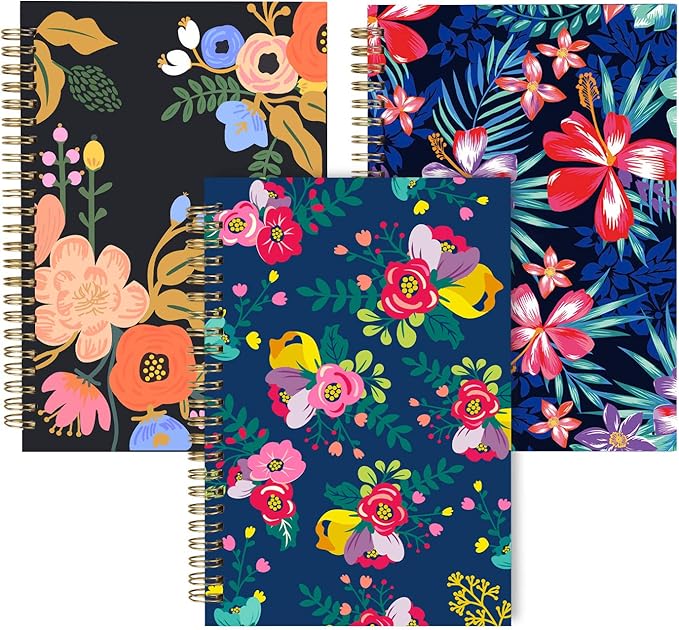 Lined Notebook Spiral, A5 Flower College Ruled Journals Bulk, 100GSM Thick Paper Travel Journal Set, Hard Cover, Wirebound Diary Planner, 75 Sheets per Book, 5.7x8.3 inch, 3 Pack