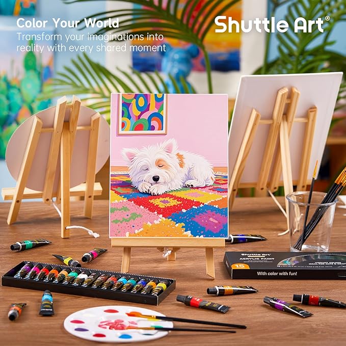 Shuttle Art 87 Pack Acrylic Painting Kit, Paint Kit with 3 Packs 15-Color Acrylic Paint, 3 Wooden Easels, Canvas, Brushes & Palettes, Art Painting Supplies for Adults, Kids & Beginners