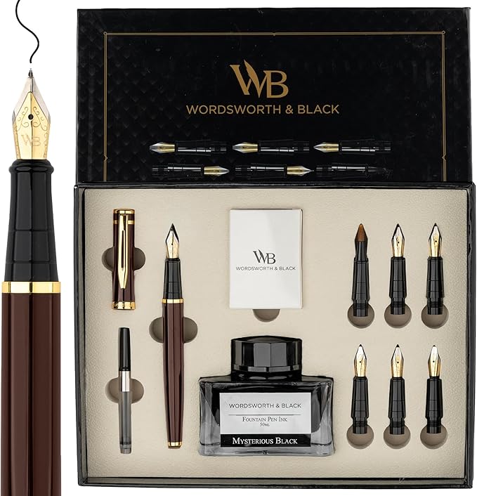 Wordsworth & Black Calligraphy Pen Gift Set, Includes Ink Bottle, 6 Ink Cartridges, A Refill Converter, 6 Replacement Nibs, Journaling, Smooth Writing Pens [Brown Gold]