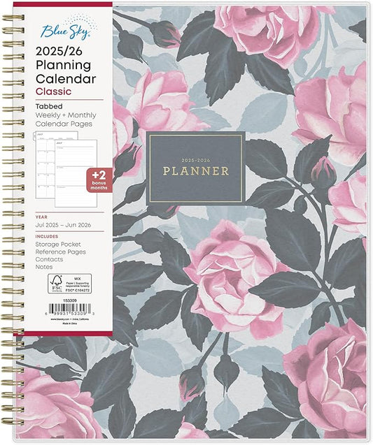 Blue Sky 2025-2026 Weekly and Monthly Academic Year Planner Calendar, July 2025 - June 2026, 8.5" x 11", Flexible Cover, Wirebound, Storage Pocket, Laminated Tabs, Roosevelt Pink