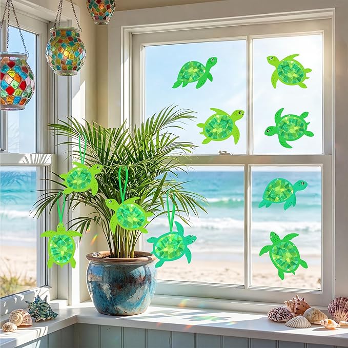 Renbuzhu 48PCS Summer Crafts: Paper Sea Turtle Suncatchers DIY Kits, Ocean Beach Party Favors Window Stained Glass Effect Art Supplies Decorations