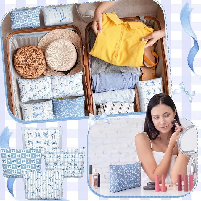 Reginary 12 Pcs Blue Bow Makeup Bags Coquette Bow Cosmetic Bags with Zippers Coquette Party Favors Blue Aesthetic Elegant Pouch Bulk Gifts for Women Stuff Christmas Birthday Supplies Travel Accessory