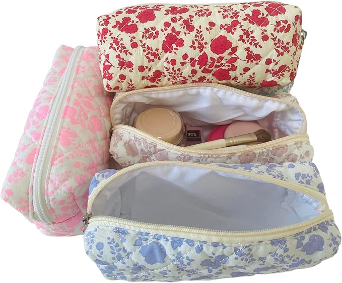 Cute Mini Quilted Makeup Bag for Women Travel Cosmetic Bags Lightweight Coquette Aesthetic Floral Toiletry Organizer Case (O-Hot Pink)