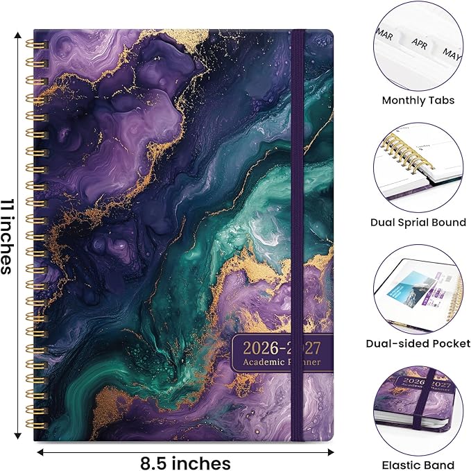 Planner 2026-2027, Monthly and Weekly Academic Planner July 2026 - June 2027, Hardcover Student Teacher Planning Agenda Calendar Book with Tabs, Perfect for Office School Supplies, A4 (8.5" x 11") - Velvet Rift