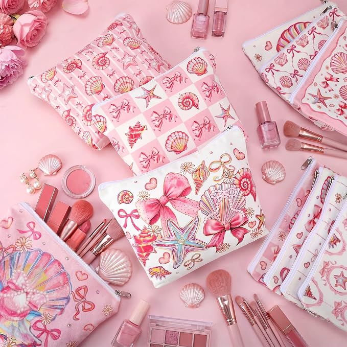 Reginary 12 Pcs Pink Bow Makeup Bags Coquette Scalloped Cosmetic Bags with Zippers Coquette Party Favors Pink Aesthetic Pouch Bulk Gifts for Women Stuff Summer Beach Birthday Supplies Travel Accessory
