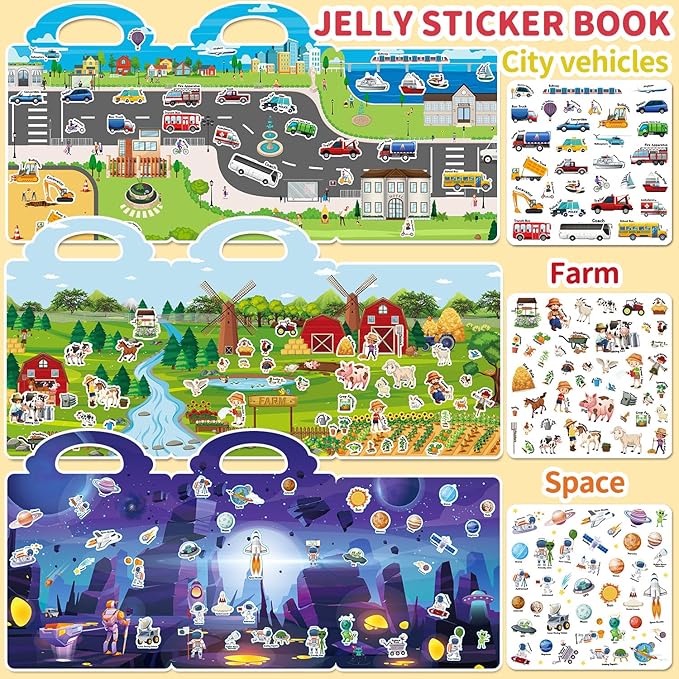 6 Sets Reusable Sticker Book for Toddlers 3-6, Jelly Sticker Books for Toddler, Travel Sticker Activity Toys for Kids 3 4 5 6 Years Old Girls & Boys