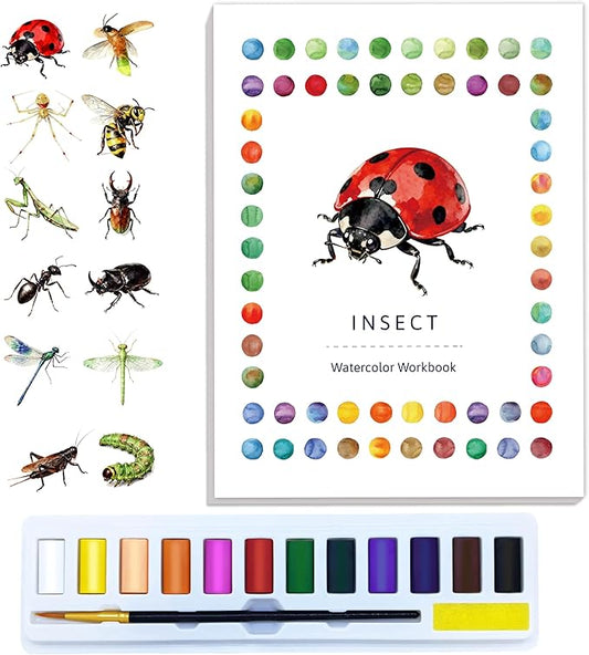 CraftyManor Watercolor Workbook Creative Insect Water color Paint Book Set with Paints & Brush, 12 Patterns of Original DIY Designs, Beginner-Friendly Adult Coloring Books (Insect)