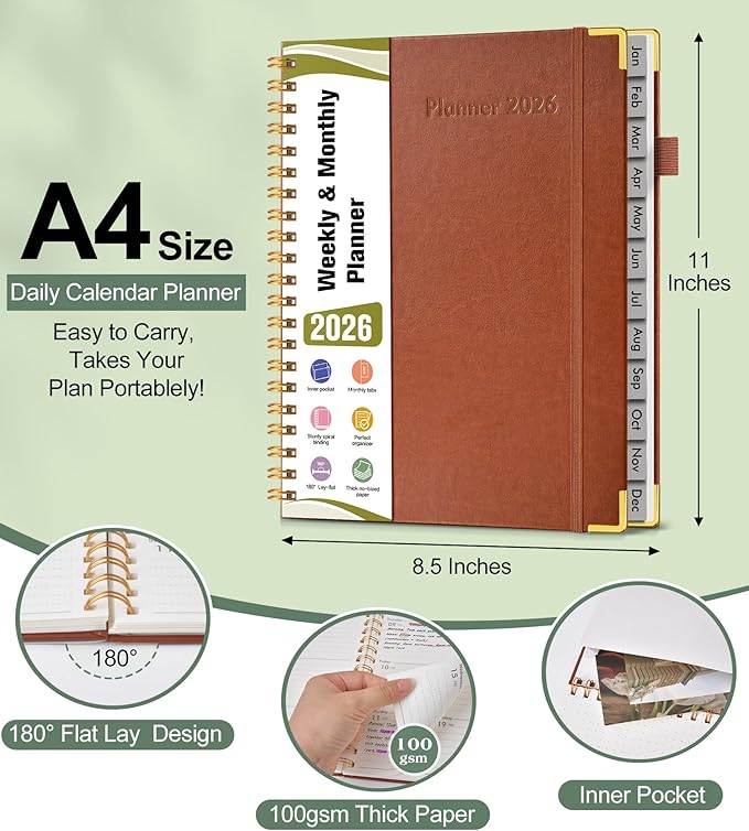 2026 Planner, Hardcover Leather Weekly and Monthly Planner, January 2026 - December 2026, Spiral Yearly Agenda Organizer Book 2026 with Tabs, Daily Calendar Planners for School Work Home, A4 (8.5" x 11"), Brown
