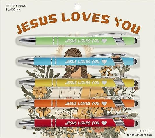 Jxueych 5-Pack Dog Person Ballpoint Pens with Touch Screen Tip – Morandi Color Barrel, Funny Dog-Themed Quotes, Gift for Dog Lovers – Smooth Writing & Anti-Fade Black Ink (Jesus Loves You)
