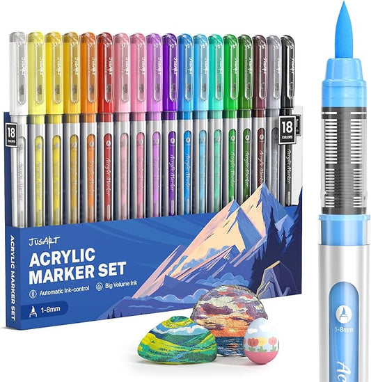 JusArt Acrylic Paint Markers Brush Tip 18 Colors, Water-Based No-Bleed Markers with Automatic Ink Control, Waterproof Acrylic Paint Pens for DIY Art & Crafts -Fabric, Wood, Rock, Ceramic, Metal