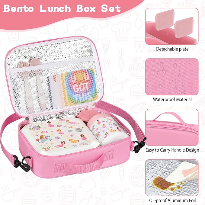 wiwens Bento Lunch Box for Kids with 12oz Soup Thermo Leak-Proof Lunch Food Container with 5 Compartment Thermo Hot Food Jar and Insulated Lunch Bag for Kid Toddler Girls Boys to School