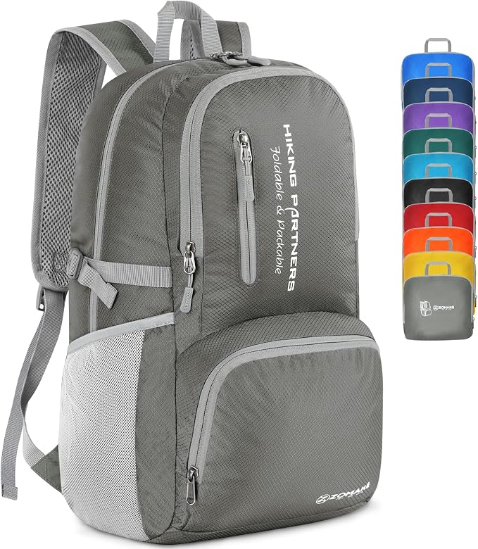 ZOMAKE Lightweight Packable Backpack, Water Resistant Foldable Daypack 35L | Light Hiking Backpacks Collapsible Day Pack for Travel, Everyday Carry, Multi Compartment Storage, Adjustable Strap (Dimgray)