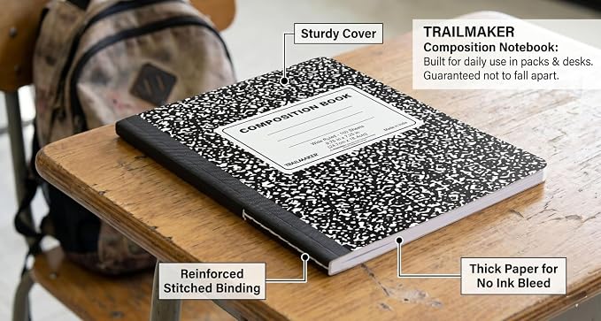 Trail maker 5 Pack Composition Notebooks Colored, Wide Ruled Marble Cover, 200 Pages (100 Sheets), 9.75 x 7.25, Bulk School Supplies for Classroom, Office & School Donations