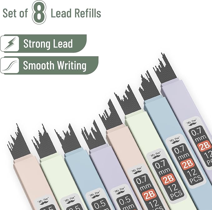 Mr. Pen- Pastel Mechanical Pencil Set with Lead Refills & Erasers, 4 Pack | 2 Sizes, 0.5 & 0.7mm, Fast Click, 6x Tubes HB & 2B Lead Refill, 3x Eraser for School Supplies, Drafting, Drawing & Sketching