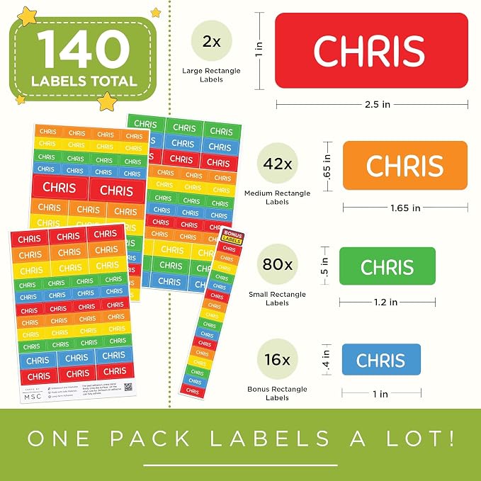Personalized Daycare Name Washable Labels for Kids, (140 Pack) Waterproof Custom Name Stickers for Clothing Tags, Lunch Boxes and School Supplies, Made in USA by MSC - Rainbow